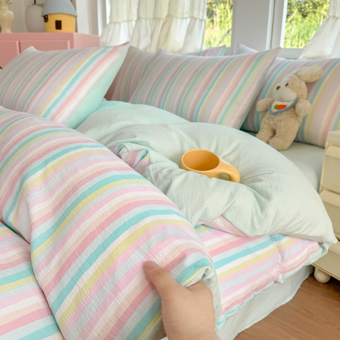 91家纺网 家纺一手货源 找家纺 温眠家纺 2025新款活性印染云感针织双层纱四件套 遇见彩虹