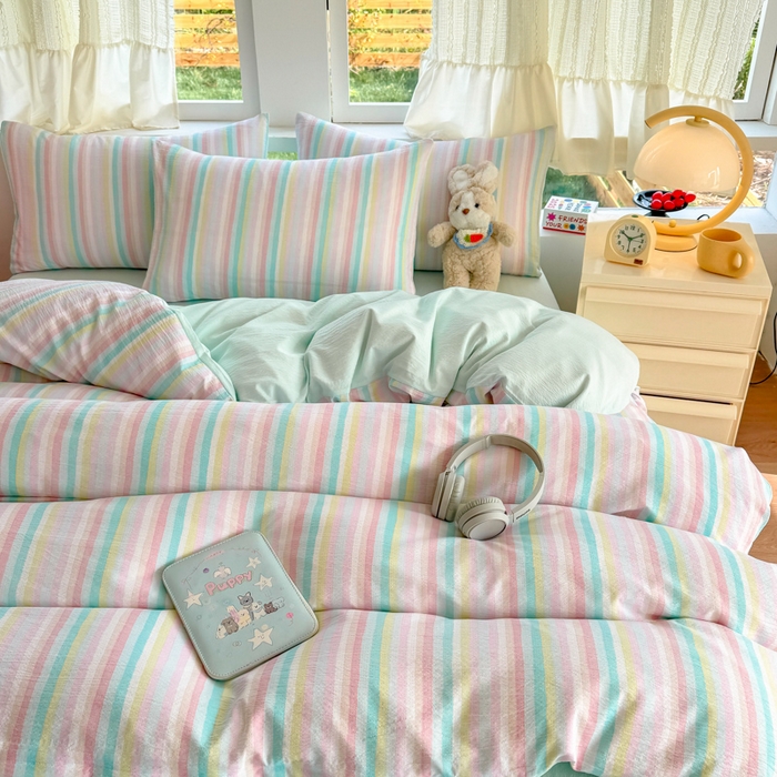 91家纺网 家纺一手货源 找家纺 温眠家纺 2025新款活性印染云感针织双层纱四件套 遇见彩虹