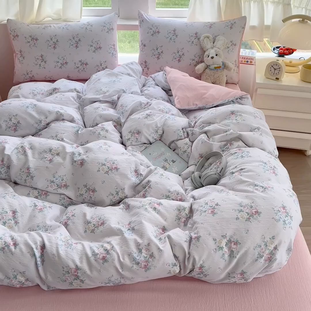 91家纺网 家纺一手货源 找家纺 温眠家纺 2025新款活性印染云感针织双层纱四件套 朱丽叶