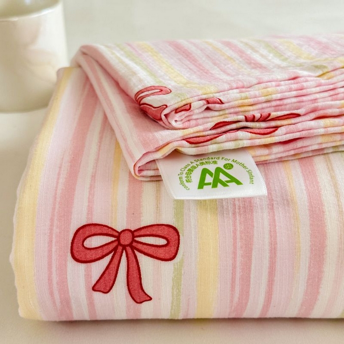 91家纺网 家纺一手货源 找家纺 温眠家纺 2025春夏新款云感棉双层纱床单单床单枕套三件套 蝴蝶结