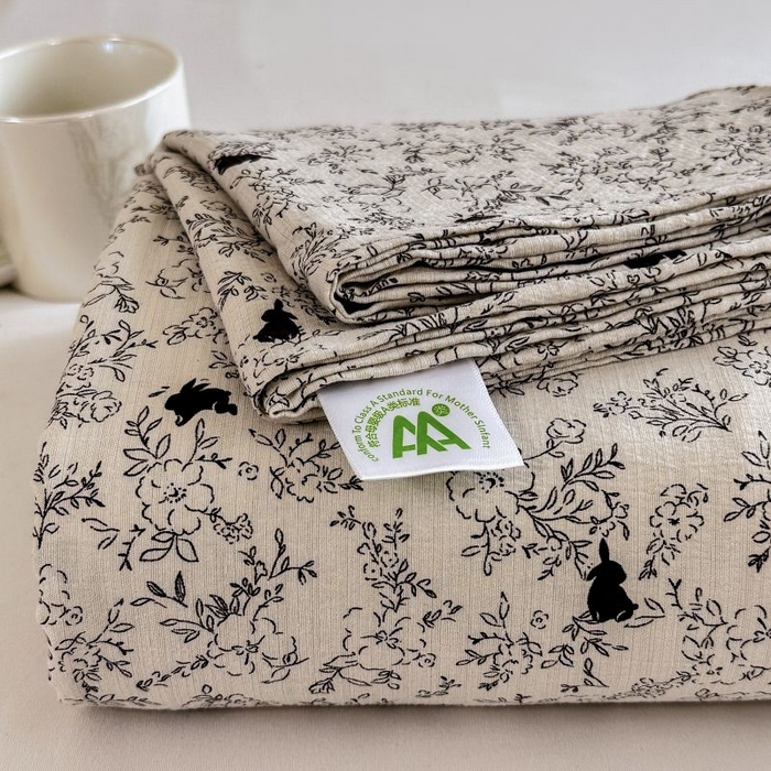 91家纺网 家纺一手货源 找家纺 温眠家纺 2025春夏新款云感棉双层纱床单单床单枕套三件套 兔与晚风