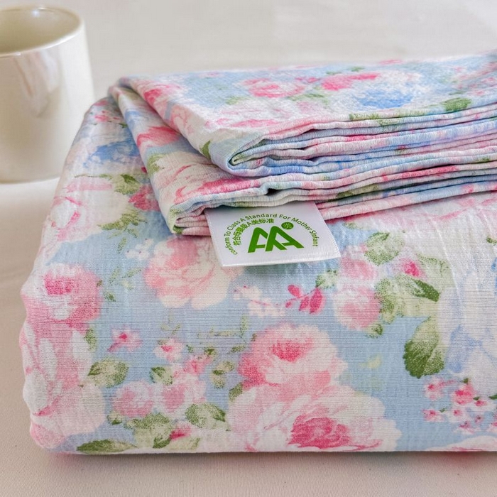 91家纺网 家纺一手货源 找家纺 温眠家纺 2025春夏新款云感棉双层纱床单单床单枕套三件套 晚香玉