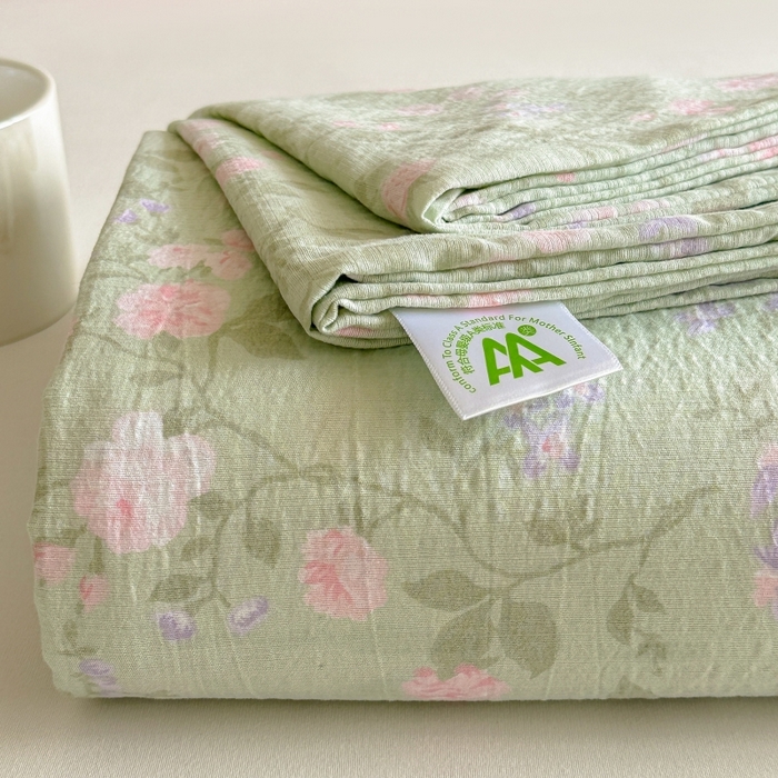 91家纺网 家纺一手货源 找家纺 温眠家纺 2025春夏新款云感棉双层纱床单单床单枕套三件套 木槿绿