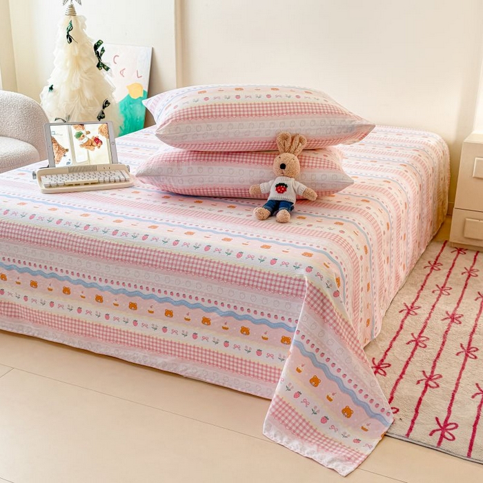 91家纺网 家纺一手货源 找家纺 温眠家纺 2025春夏新款云感棉双层纱床单单床单枕套三件套 草莓蛋糕