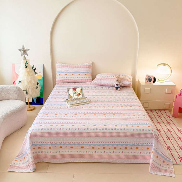 91家纺网 家纺一手货源 找家纺 温眠家纺 2025春夏新款云感棉双层纱床单单床单枕套三件套 草莓蛋糕