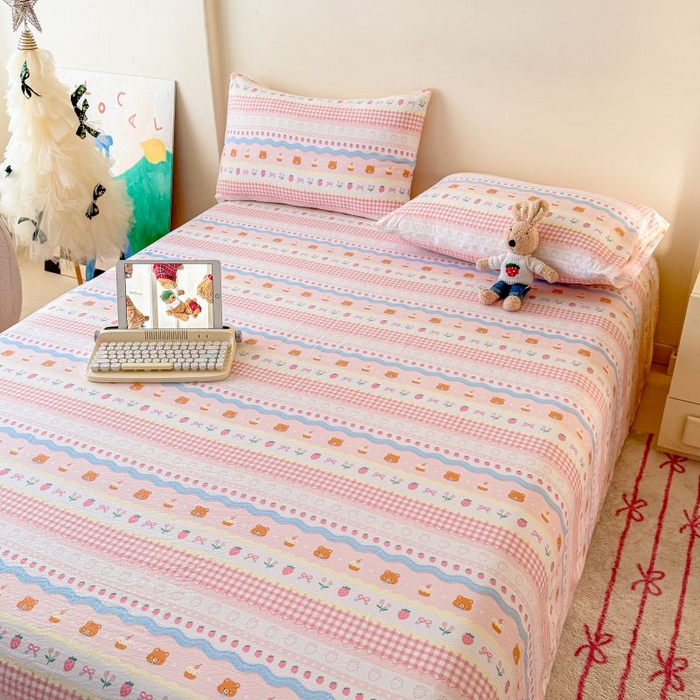 91家纺网 家纺一手货源 找家纺 温眠家纺 2025春夏新款云感棉双层纱床单单床单枕套三件套 草莓蛋糕