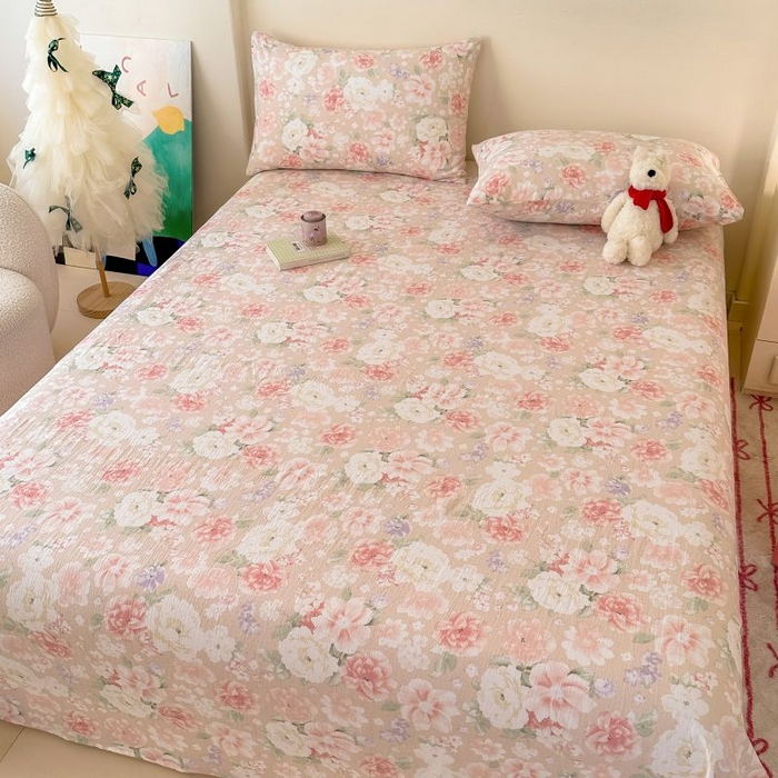 91家纺网 家纺一手货源 找家纺 温眠家纺 2025春夏新款云感棉双层纱床单单床单枕套三件套 国色芳华