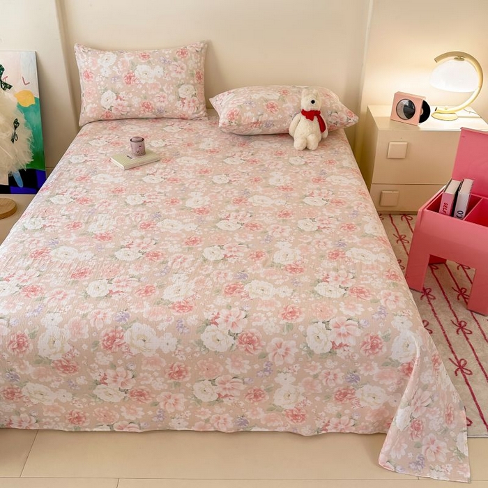 91家纺网 家纺一手货源 找家纺 温眠家纺 2025春夏新款云感棉双层纱床单单床单枕套三件套 国色芳华