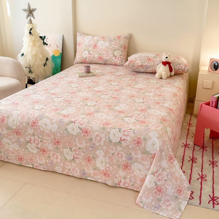 91家纺网 家纺一手货源 找家纺 温眠家纺 2025春夏新款云感棉双层纱床单单床单枕套三件套 国色芳华