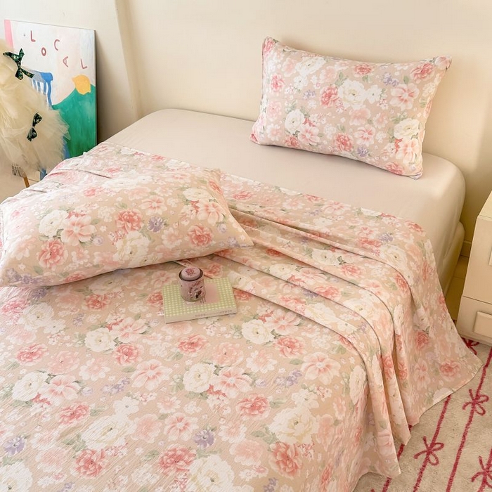 91家纺网 家纺一手货源 找家纺 温眠家纺 2025春夏新款云感棉双层纱床单单床单枕套三件套 国色芳华