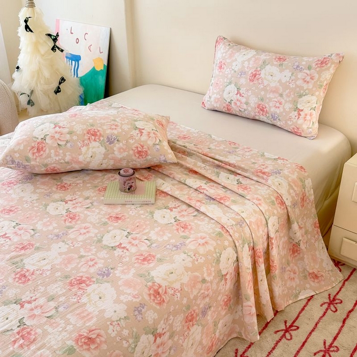 91家纺网 家纺一手货源 找家纺 温眠家纺 2025春夏新款云感棉双层纱床单单床单枕套三件套 国色芳华