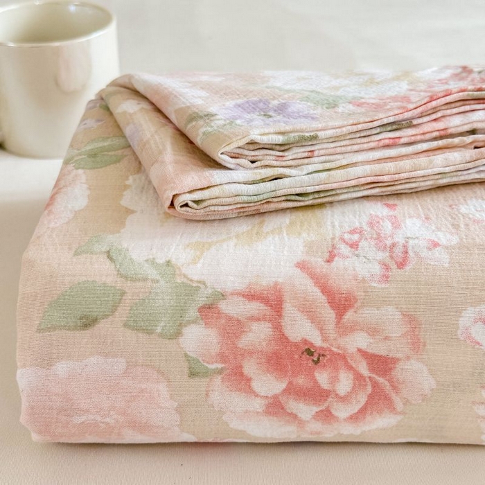 91家纺网 家纺一手货源 找家纺 温眠家纺 2025春夏新款云感棉双层纱床单单床单枕套三件套 国色芳华