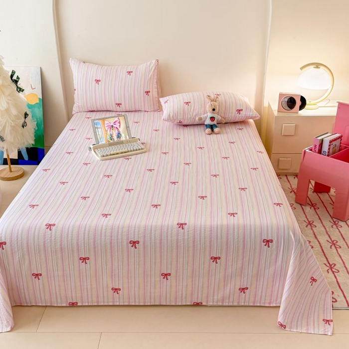 91家纺网 家纺一手货源 找家纺 温眠家纺 2025春夏新款云感棉双层纱床单单床单枕套三件套 蝴蝶结