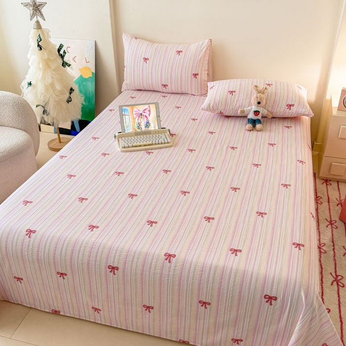 91家纺网 家纺一手货源 找家纺 温眠家纺 2025春夏新款云感棉双层纱床单单床单枕套三件套 蝴蝶结