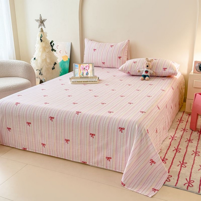 91家纺网 家纺一手货源 找家纺 温眠家纺 2025春夏新款云感棉双层纱床单单床单枕套三件套 蝴蝶结