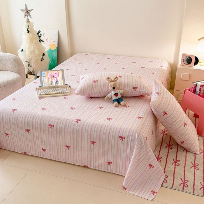 91家纺网 家纺一手货源 找家纺 温眠家纺 2025春夏新款云感棉双层纱床单单床单枕套三件套 蝴蝶结