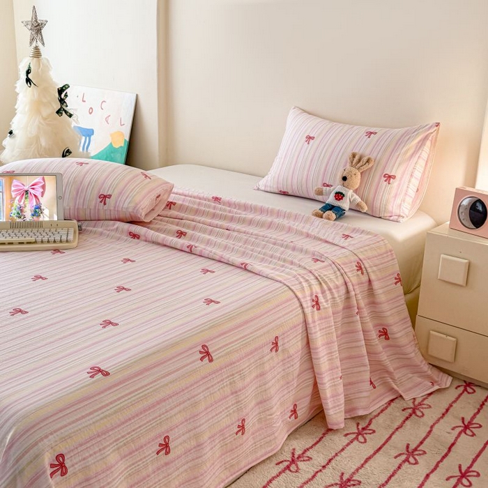 91家纺网 家纺一手货源 找家纺 温眠家纺 2025春夏新款云感棉双层纱床单单床单枕套三件套 蝴蝶结