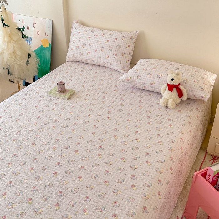 91家纺网 家纺一手货源 找家纺 温眠家纺 2025春夏新款云感棉双层纱床单单床单枕套三件套 花漾甜心