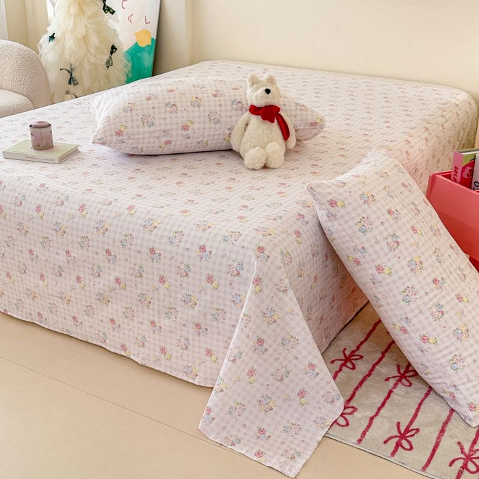 91家纺网 家纺一手货源 找家纺 温眠家纺 2025春夏新款云感棉双层纱床单单床单枕套三件套 花漾甜心