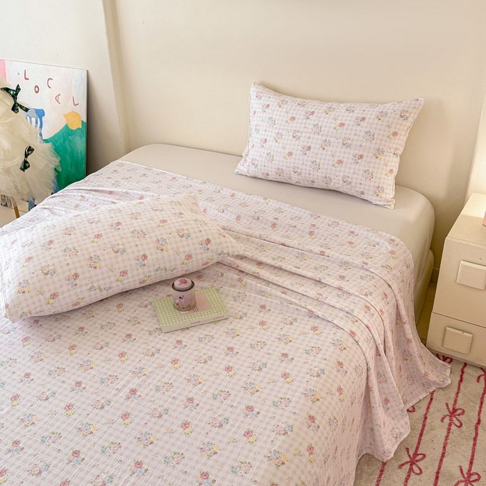 91家纺网 家纺一手货源 找家纺 温眠家纺 2025春夏新款云感棉双层纱床单单床单枕套三件套 花漾甜心