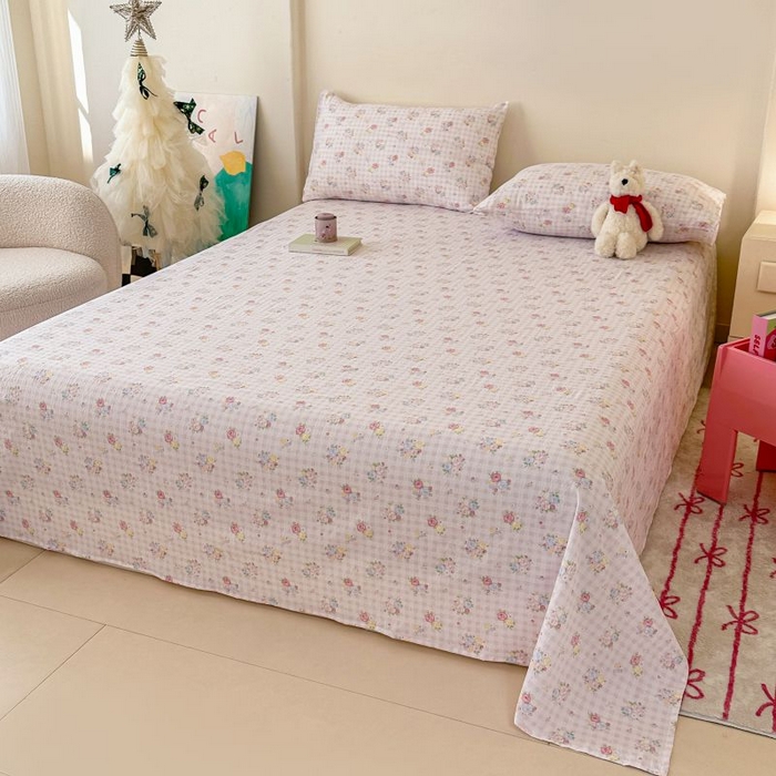 91家纺网 家纺一手货源 找家纺 温眠家纺 2025春夏新款云感棉双层纱床单单床单枕套三件套 花漾甜心