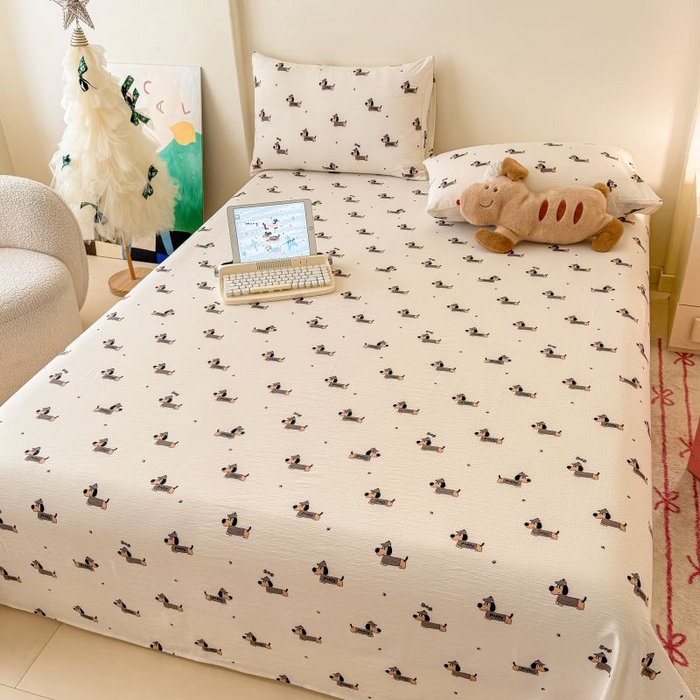 91家纺网 家纺一手货源 找家纺 温眠家纺 2025春夏新款云感棉双层纱床单单床单枕套三件套 腊肠狗