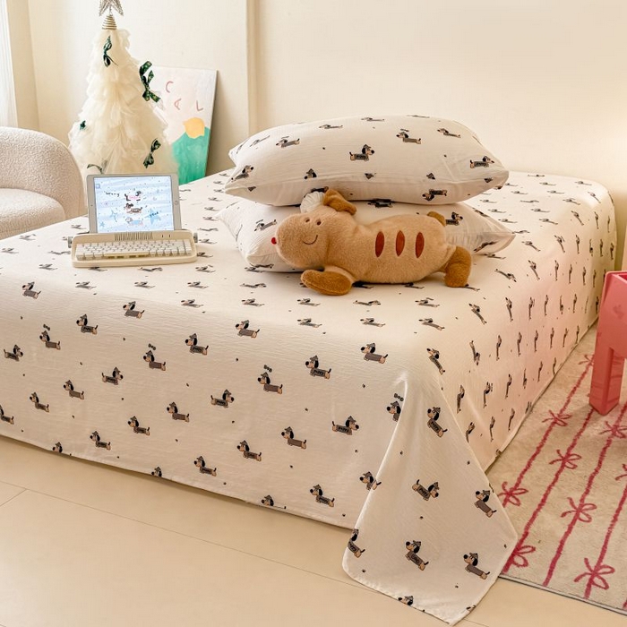 91家纺网 家纺一手货源 找家纺 温眠家纺 2025春夏新款云感棉双层纱床单单床单枕套三件套 腊肠狗