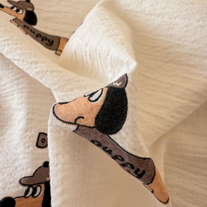 91家纺网 家纺一手货源 找家纺 温眠家纺 2025春夏新款云感棉双层纱床单单床单枕套三件套 腊肠狗