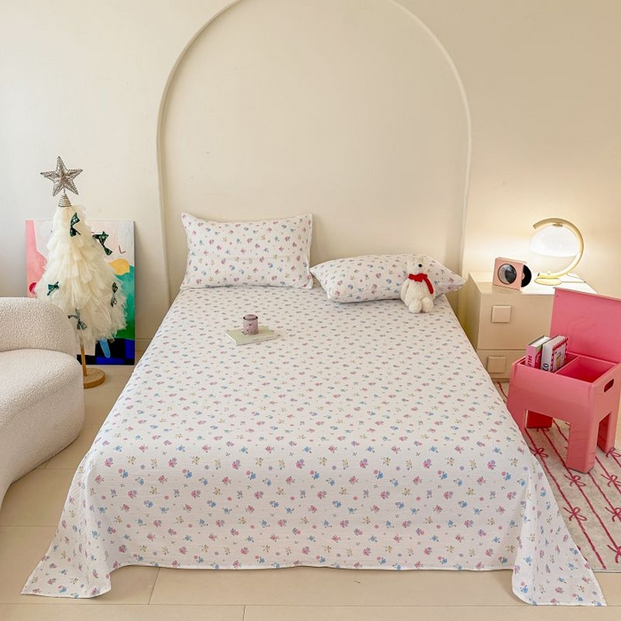 91家纺网 家纺一手货源 找家纺 温眠家纺 2025春夏新款云感棉双层纱床单单床单枕套三件套 铃兰春信