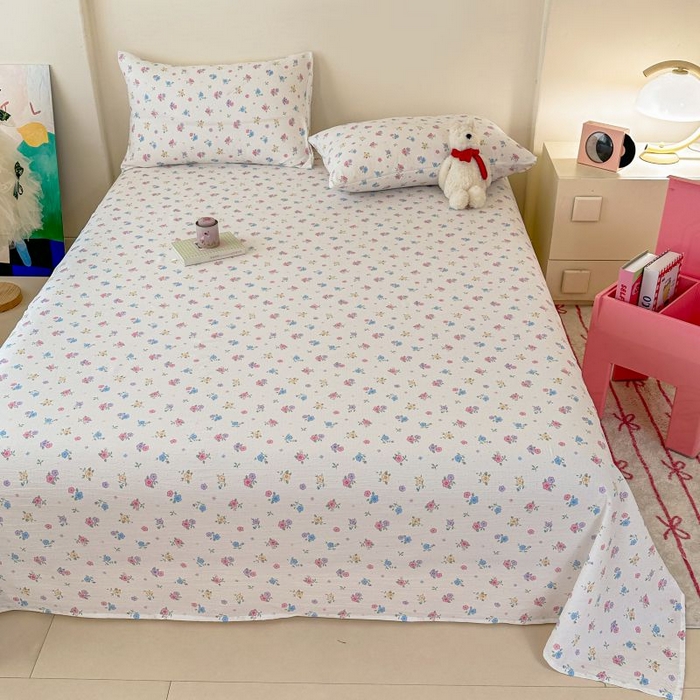 91家纺网 家纺一手货源 找家纺 温眠家纺 2025春夏新款云感棉双层纱床单单床单枕套三件套 铃兰春信