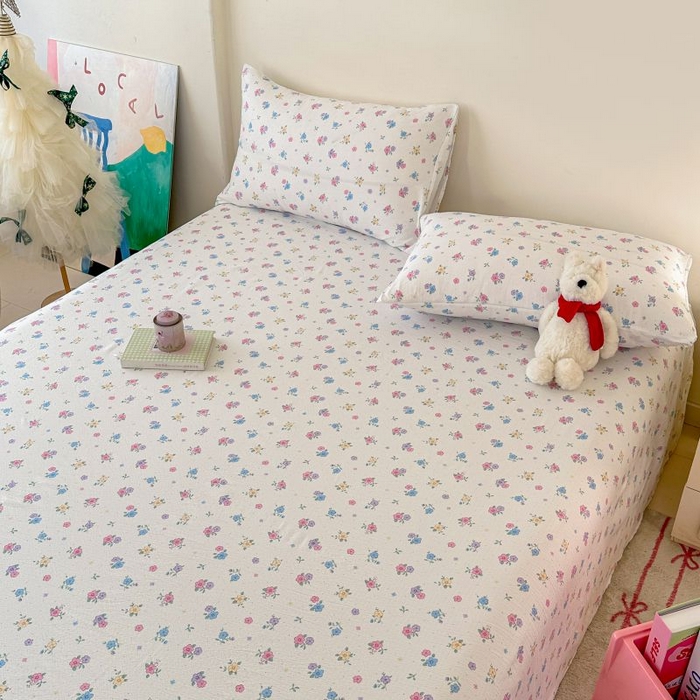 91家纺网 家纺一手货源 找家纺 温眠家纺 2025春夏新款云感棉双层纱床单单床单枕套三件套 铃兰春信