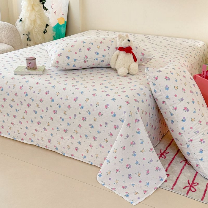 91家纺网 家纺一手货源 找家纺 温眠家纺 2025春夏新款云感棉双层纱床单单床单枕套三件套 铃兰春信