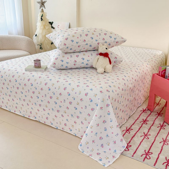 91家纺网 家纺一手货源 找家纺 温眠家纺 2025春夏新款云感棉双层纱床单单床单枕套三件套 铃兰春信