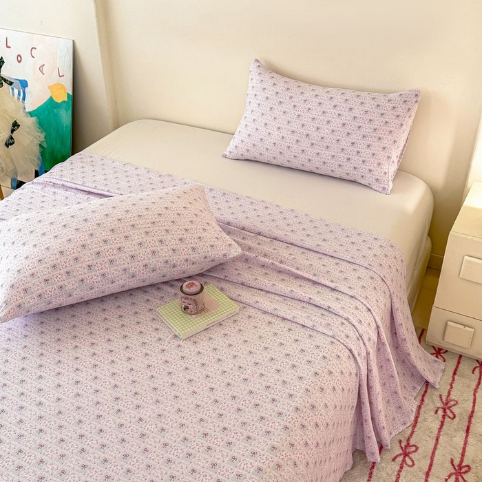 91家纺网 家纺一手货源 找家纺 温眠家纺 2025春夏新款云感棉双层纱床单单床单枕套三件套 琉璃瓦梦