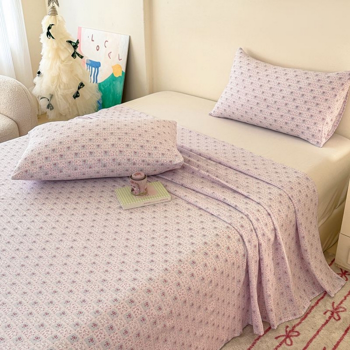 91家纺网 家纺一手货源 找家纺 温眠家纺 2025春夏新款云感棉双层纱床单单床单枕套三件套 琉璃瓦梦