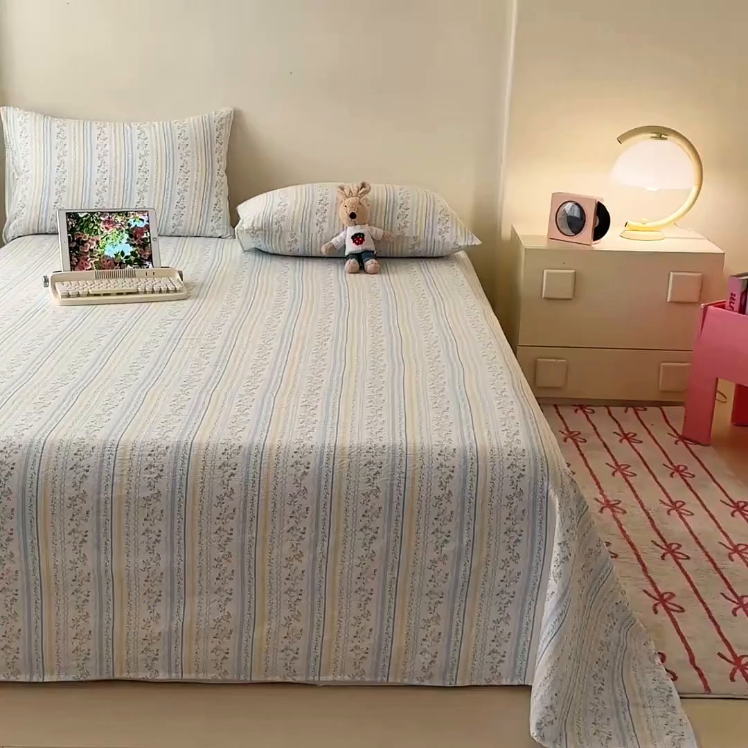 91家纺网 家纺一手货源 找家纺 温眠家纺 2025春夏新款云感棉双层纱床单单床单枕套三件套 洛克庄园