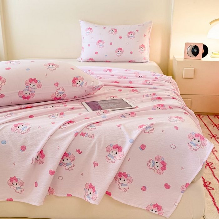 91家纺网 家纺一手货源 找家纺 温眠家纺 2025春夏新款云感棉双层纱床单单床单枕套三件套 莓乐蒂