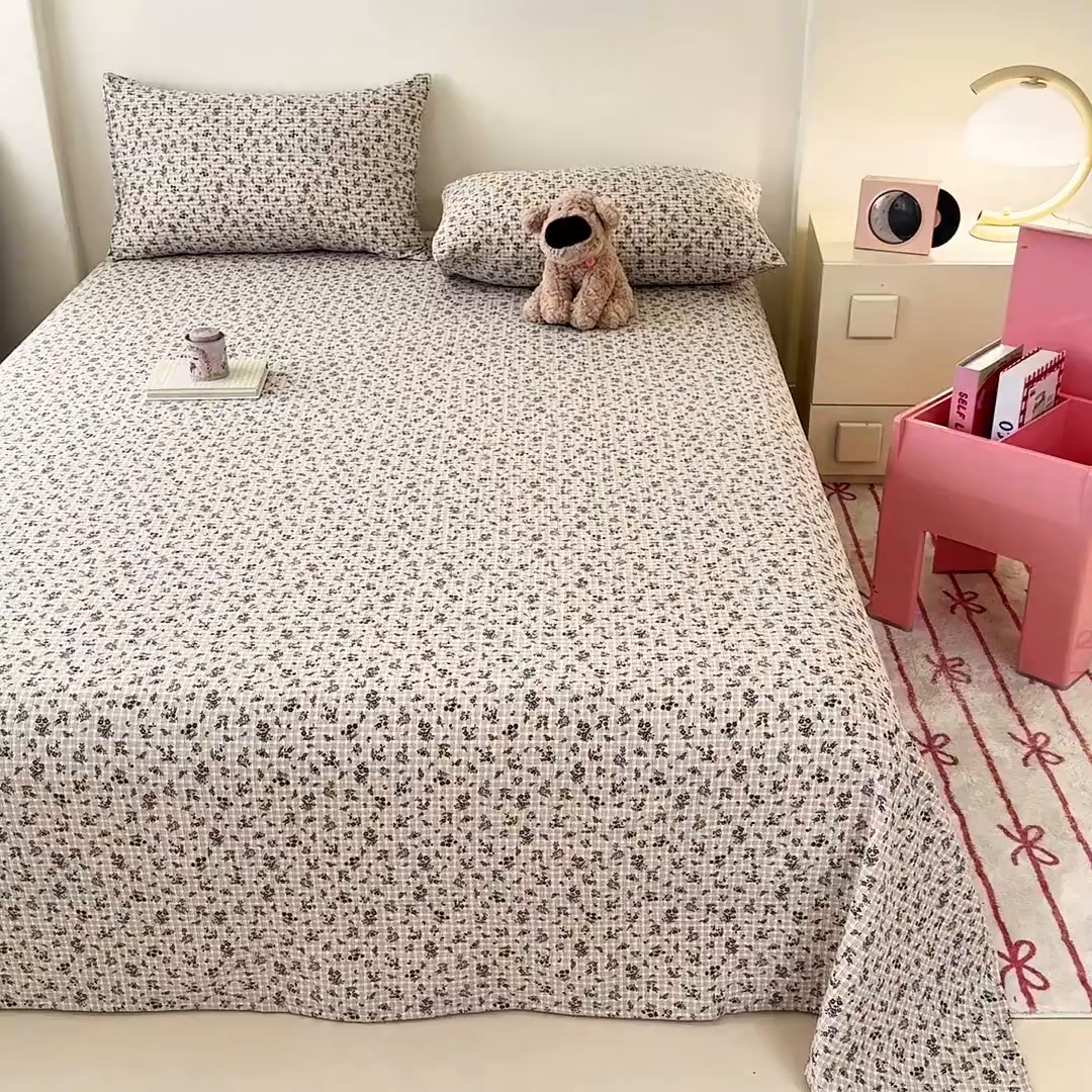 91家纺网 家纺一手货源 找家纺 温眠家纺 2025春夏新款云感棉双层纱床单单床单枕套三件套 失约温柔