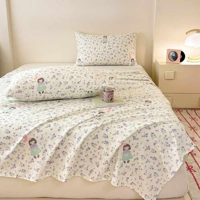 91家纺网 家纺一手货源 找家纺 温眠家纺 2025春夏新款云感棉双层纱床单单床单枕套三件套 思念女孩