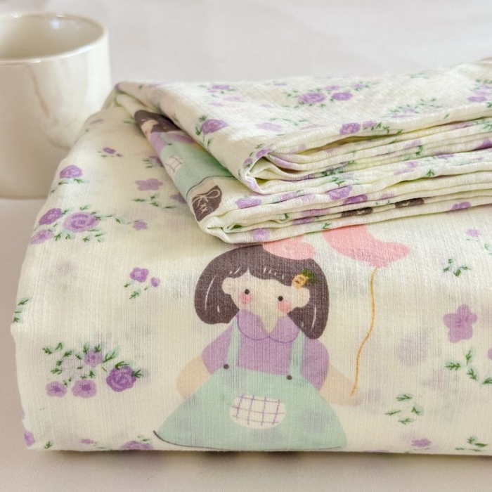 91家纺网 家纺一手货源 找家纺 温眠家纺 2025春夏新款云感棉双层纱床单单床单枕套三件套 思念女孩