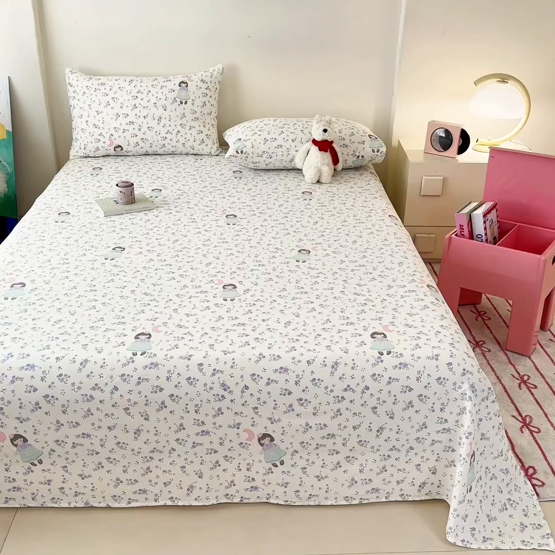 91家纺网 家纺一手货源 找家纺 温眠家纺 2025春夏新款云感棉双层纱床单单床单枕套三件套 思念女孩