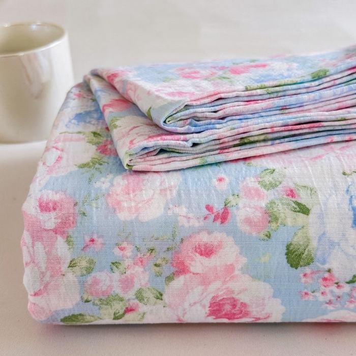 91家纺网 家纺一手货源 找家纺 温眠家纺 2025春夏新款云感棉双层纱床单单床单枕套三件套 晚香玉