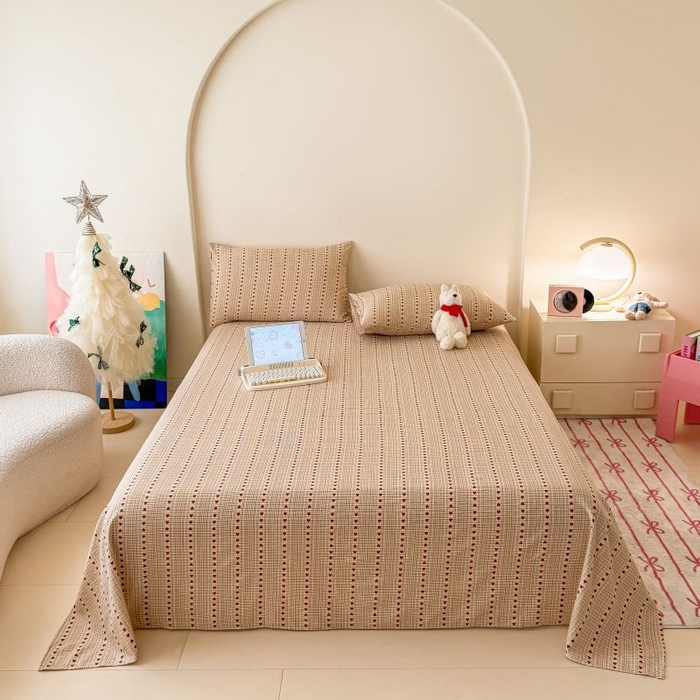 91家纺网 家纺一手货源 找家纺 温眠家纺 2025春夏新款云感棉双层纱床单单床单枕套三件套 相思红豆