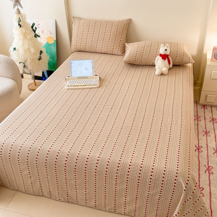 91家纺网 家纺一手货源 找家纺 温眠家纺 2025春夏新款云感棉双层纱床单单床单枕套三件套 相思红豆