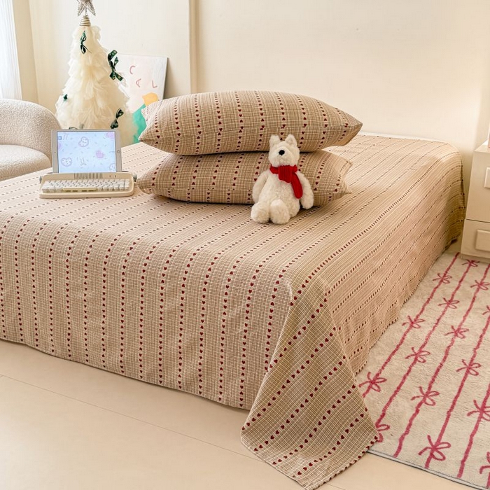 91家纺网 家纺一手货源 找家纺 温眠家纺 2025春夏新款云感棉双层纱床单单床单枕套三件套 相思红豆