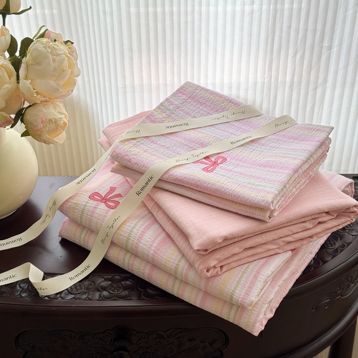 91家纺网 家纺一手货源 找家纺 温眠家纺 2025新款云感针织双层纱单被套系列 蝴蝶结