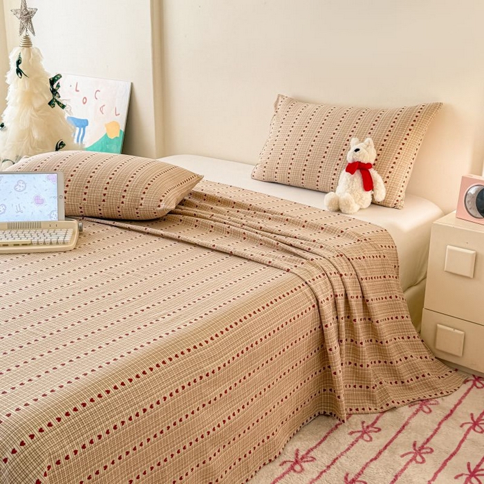 91家纺网 家纺一手货源 找家纺 温眠家纺 2025春夏新款云感棉双层纱床单单床单枕套三件套 相思红豆