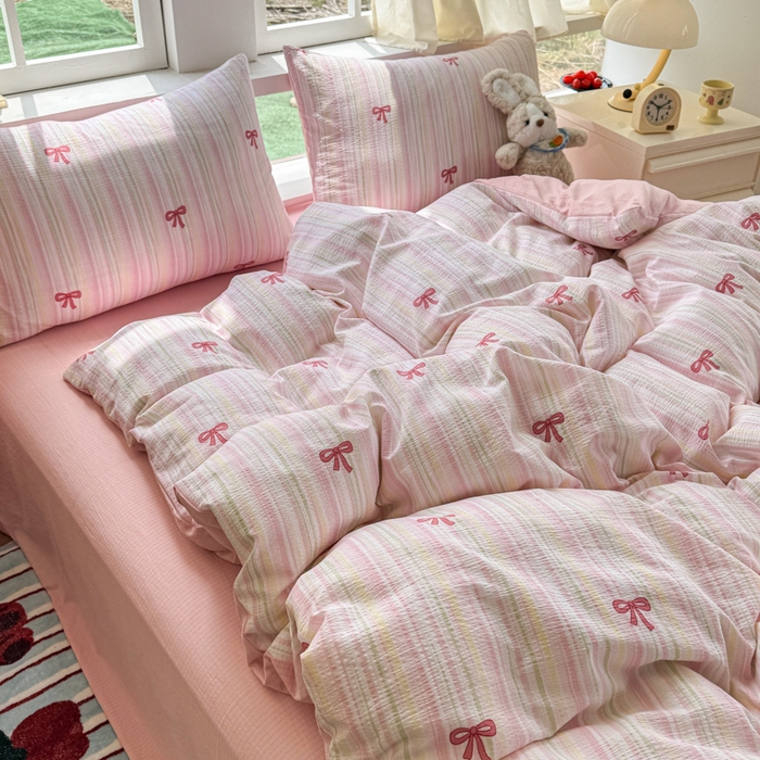 91家纺网 家纺一手货源 找家纺 温眠家纺 2025新款云感针织双层纱单被套系列 蝴蝶结