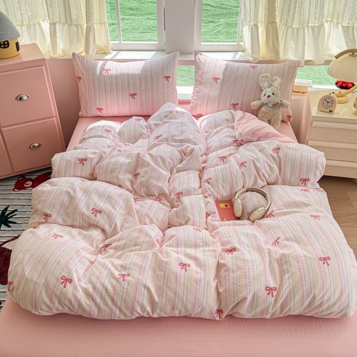 91家纺网 家纺一手货源 找家纺 温眠家纺 2025新款云感针织双层纱单被套系列 蝴蝶结