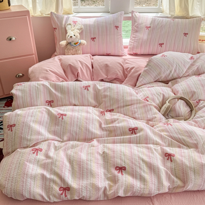 91家纺网 家纺一手货源 找家纺 温眠家纺 2025新款云感针织双层纱单被套系列 蝴蝶结